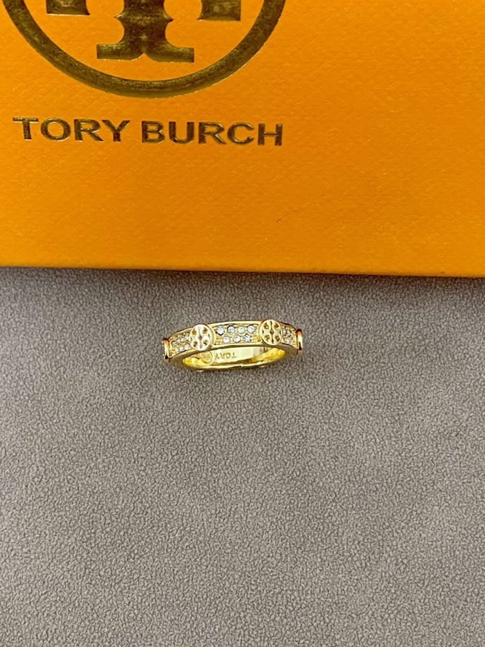 Tory Burch Gold-Tone Crystal Logo Band Ring SIZE7